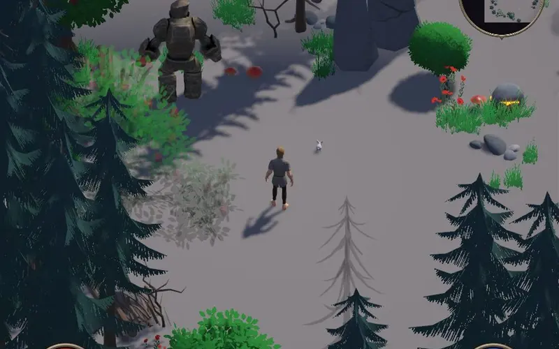 Face à un golem de pierre, en lisière de forêt.